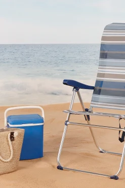 Cadeira De Praia Alta Dobrável De 5 Posições Com Listras Azuis E Cinza Aktive