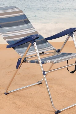 Cadeira De Praia Alta Dobrável De 5 Posições Com Listras Azuis E Cinza Aktive