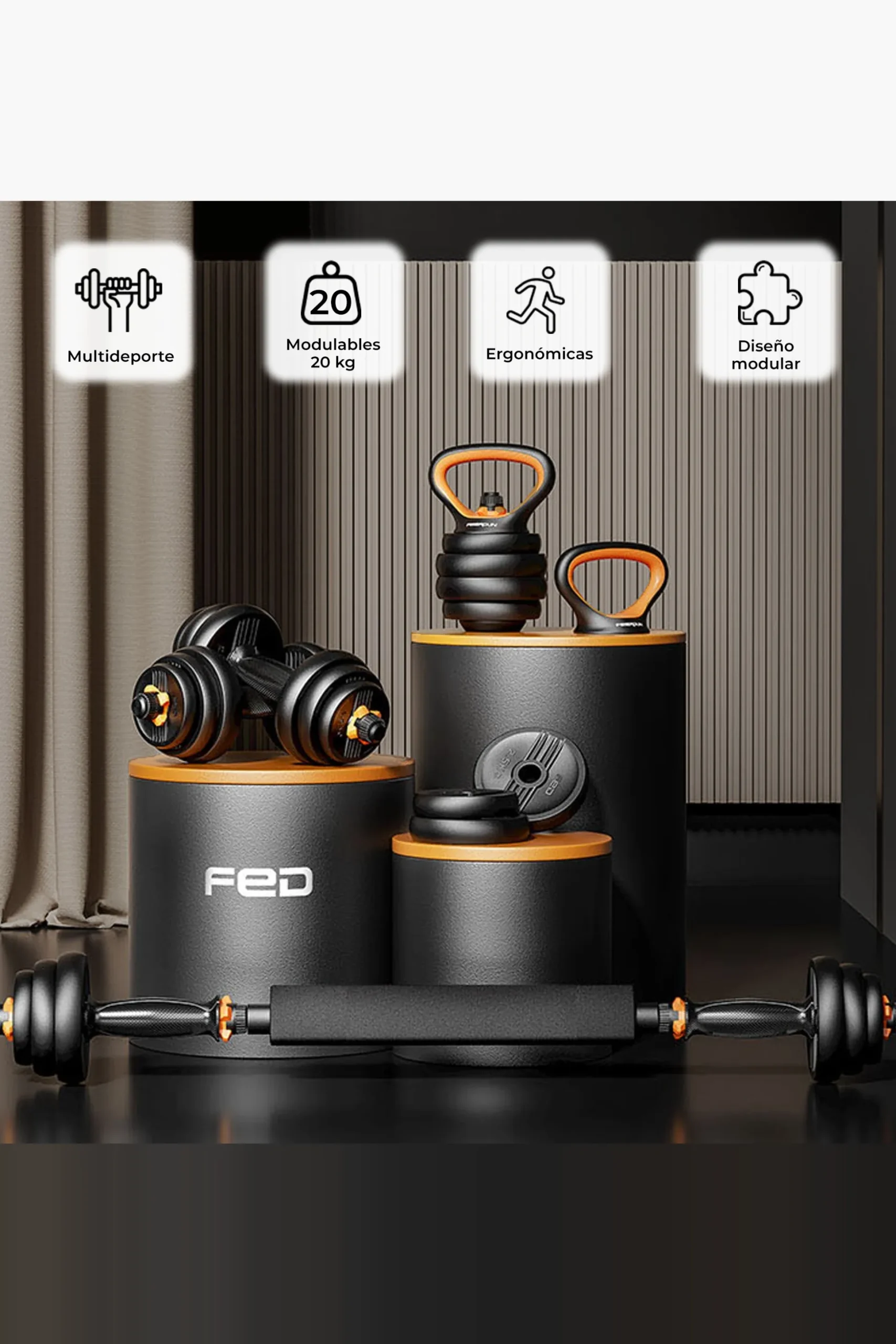 Kit De Pesos V2 20 Kg Fed: Halteres (pesos + Barras) + Barra + Kettlebell
