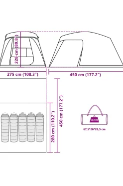 Tenda De Camping Com Varanda Em Cúpula 5 Pessoas Vidaxl 280/450x275x228 CM