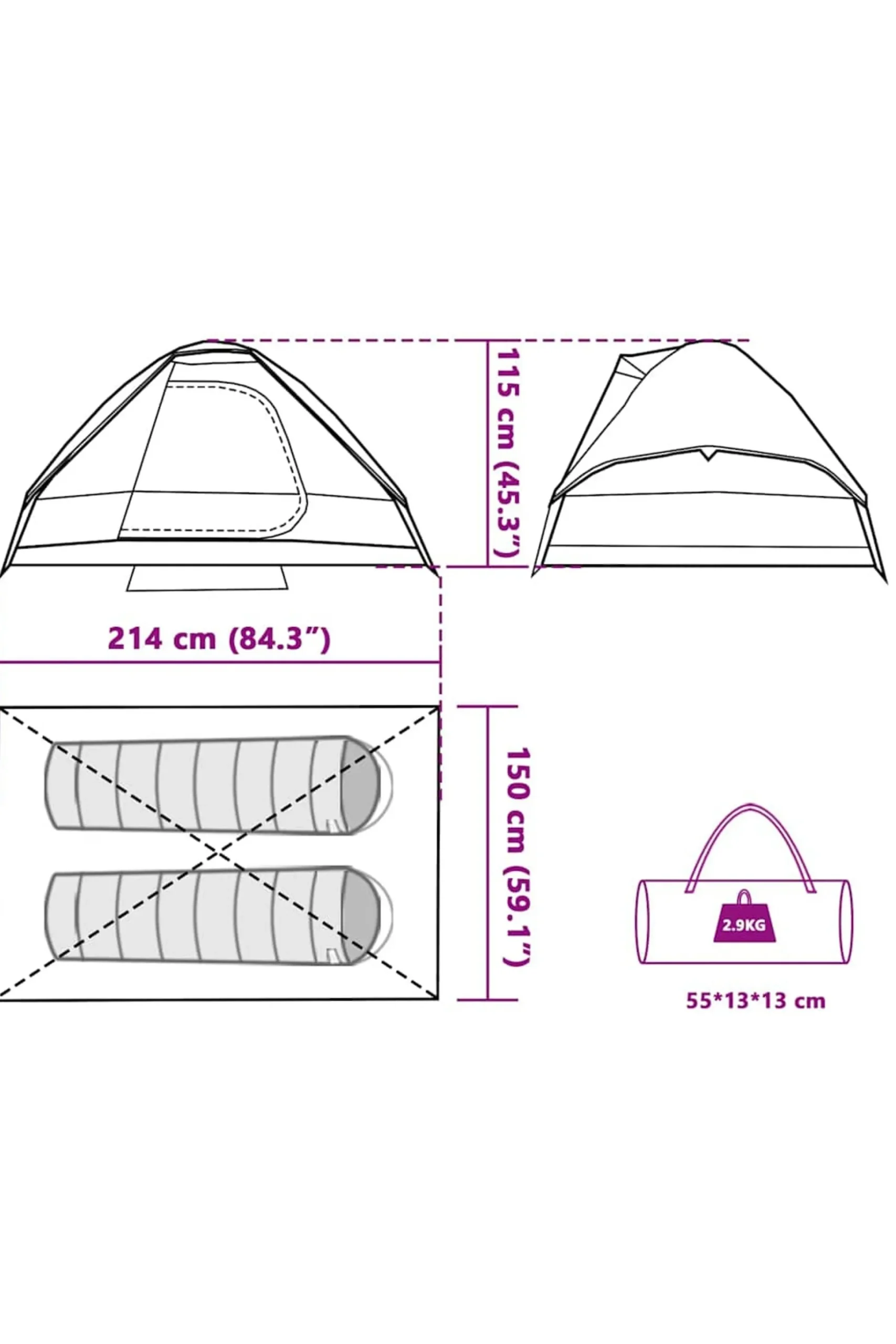 Tenda De Campismo Cúpula Vidaxl Para 2 Pessoas 214 X 150 X 115 CM