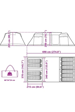 Tenda De Campismo Familiar Vidaxl Para 10 Pessoas 698 X 370 X 200 CM