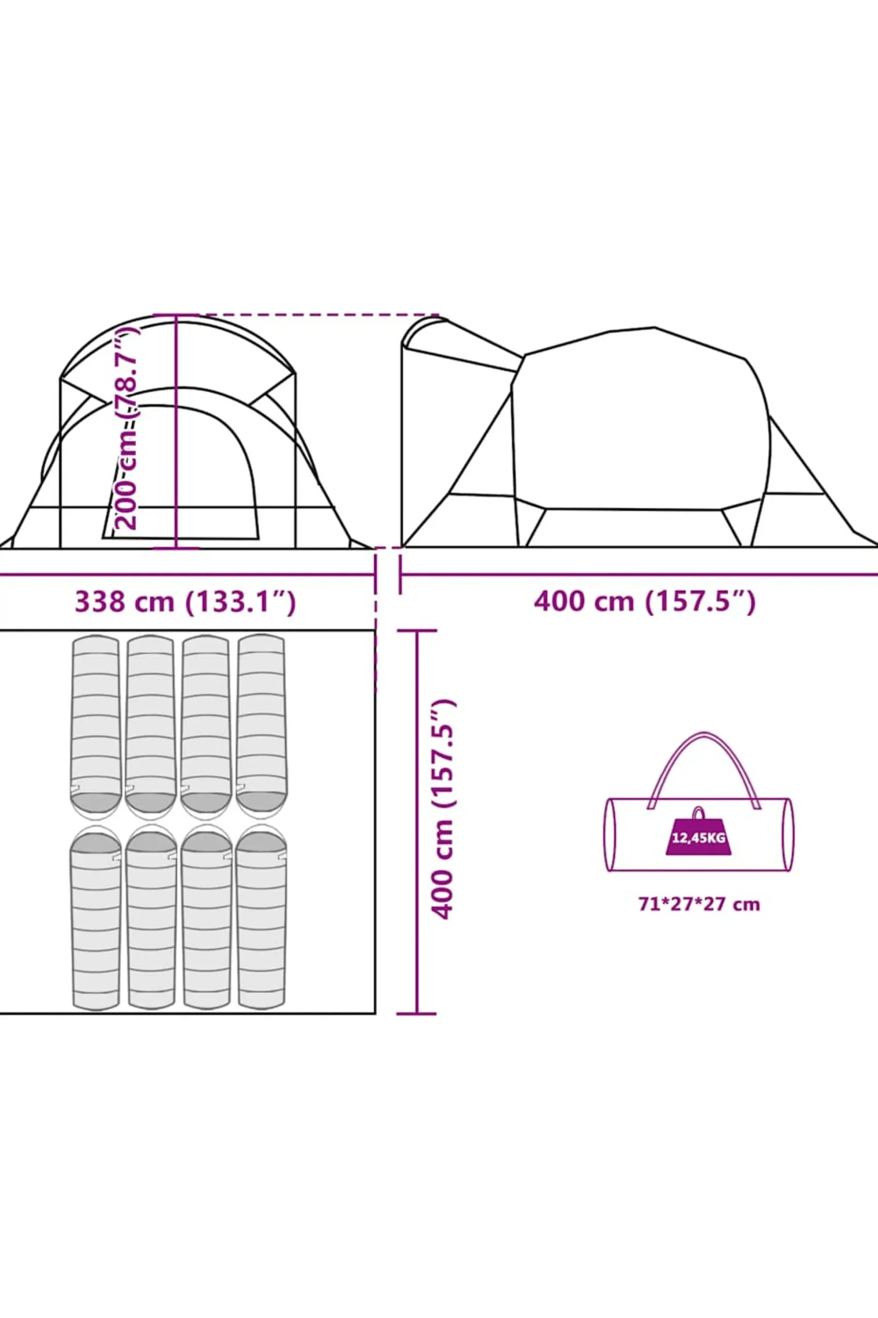 Tenda Familiar Túnel Para 8 Pessoas Vidaxl Impermeável 400x338x200 CM